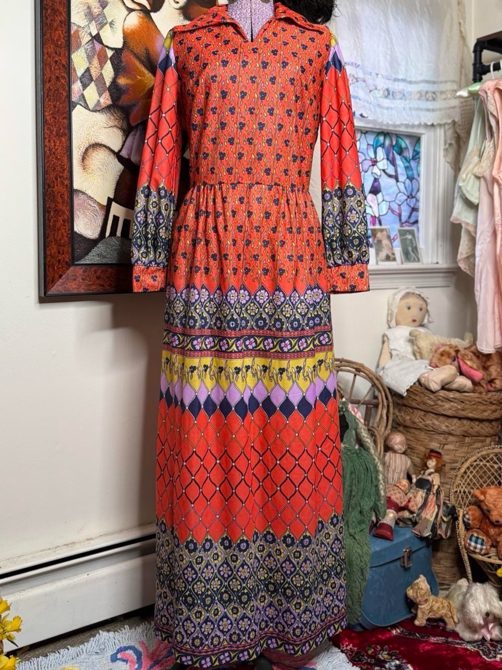 60s or 70s Shady Lane coral red maxi dress dagger collar & psychedelic print
